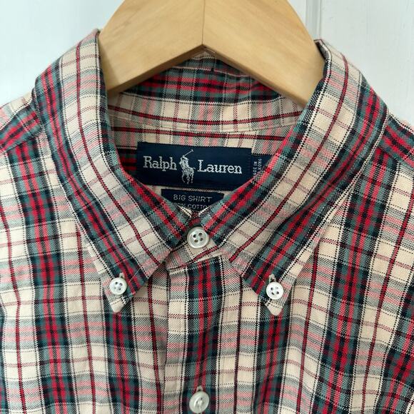 Ralph Lauren Plaid Mens BIG Shirt Medium 100% Cotton Blue Pony Preppy Academic - Picture 5 of 8
